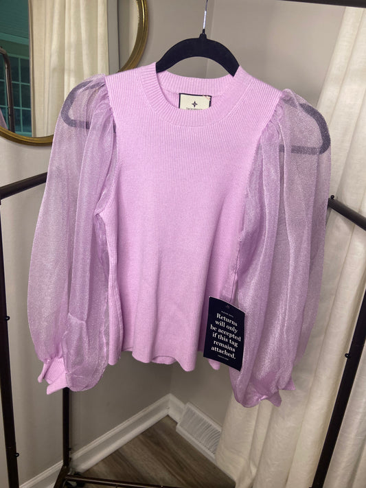 Tuckernuck Lilac Knit Betsy Blouse Sheer Balloon Sleeve Top size M