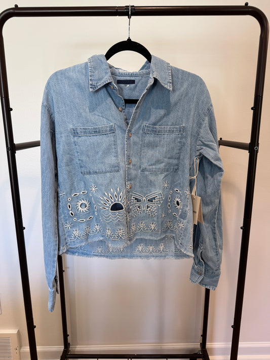Mother The Roomie Double Frenchie Crop Fray Shirt Jacket size XS