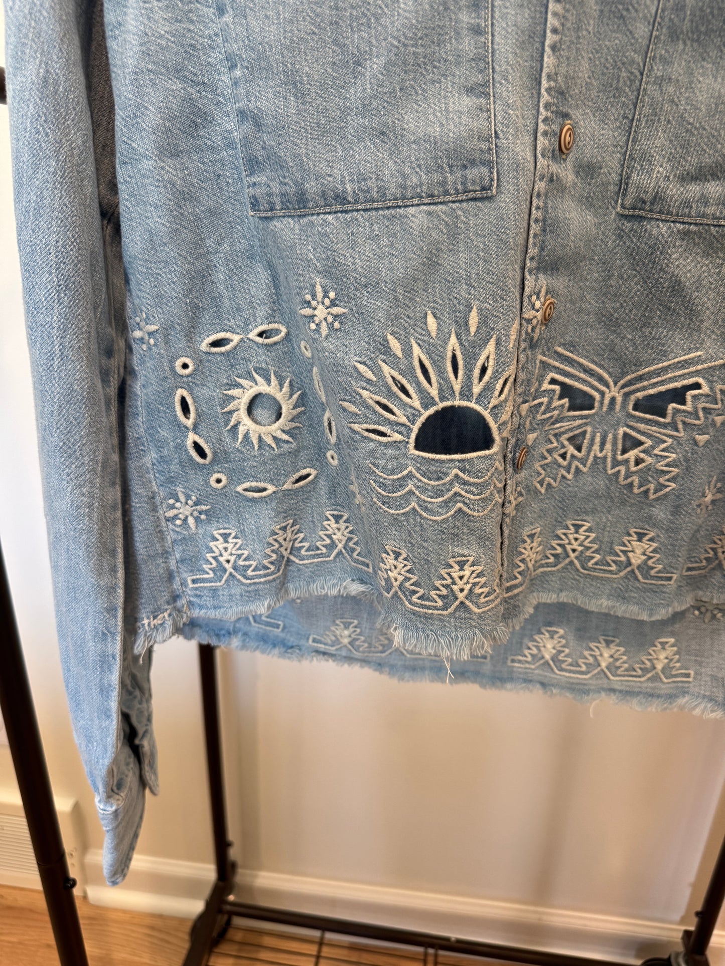 Mother The Roomie Double Frenchie Crop Fray Shirt Jacket size XS
