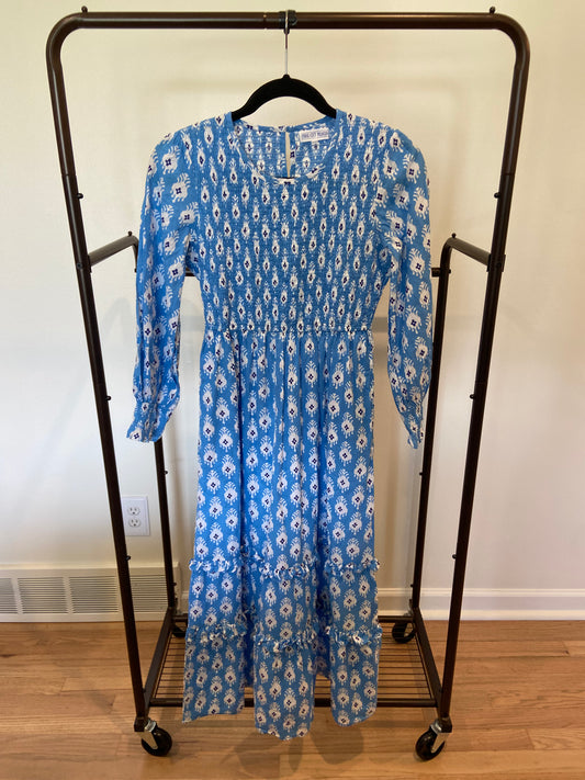 Pink City Prints Blue Diamond Print Smocked Long Sleeve Maxi Dress size XS