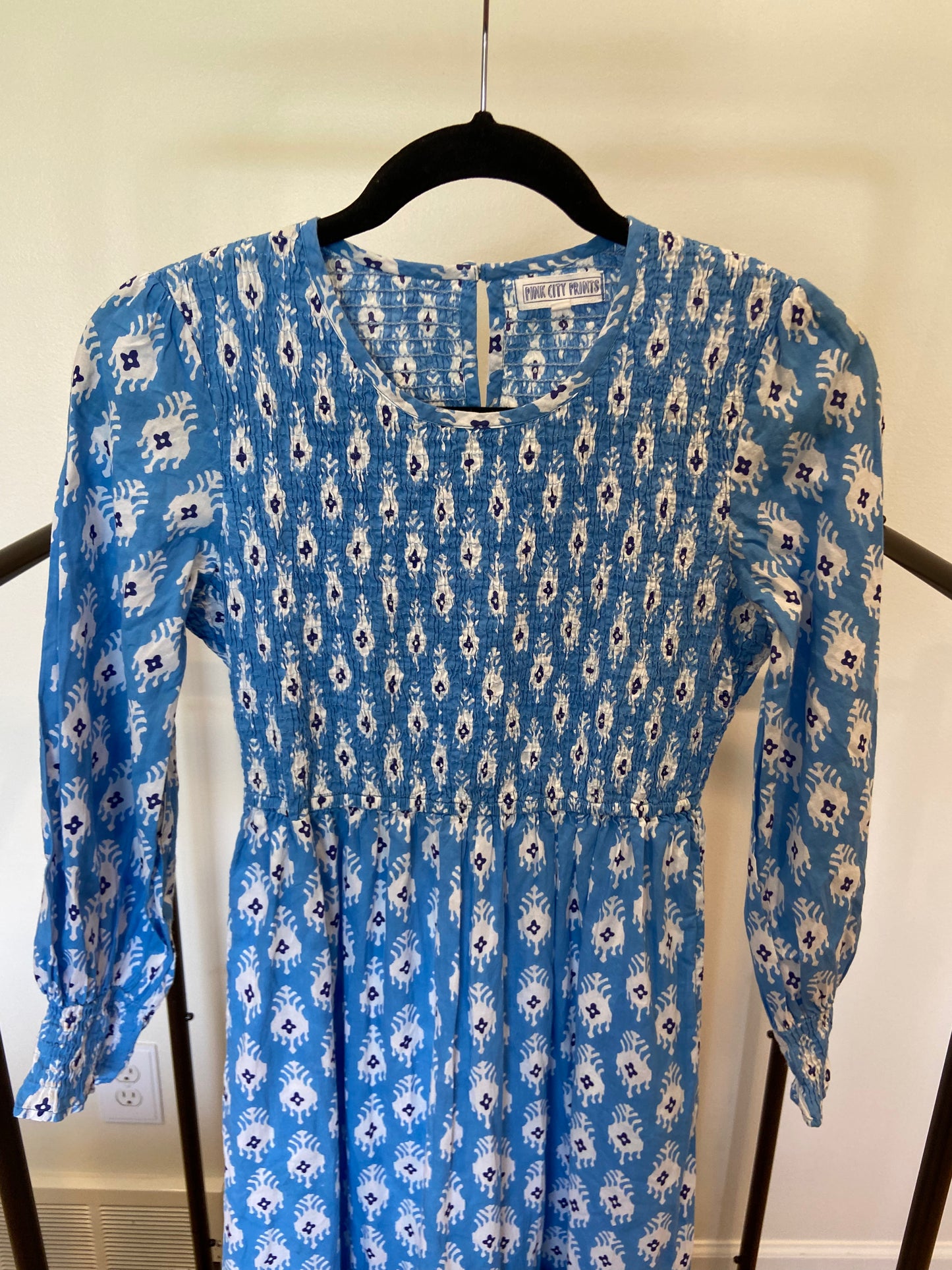 Pink City Prints Blue Diamond Print Smocked Long Sleeve Maxi Dress size XS