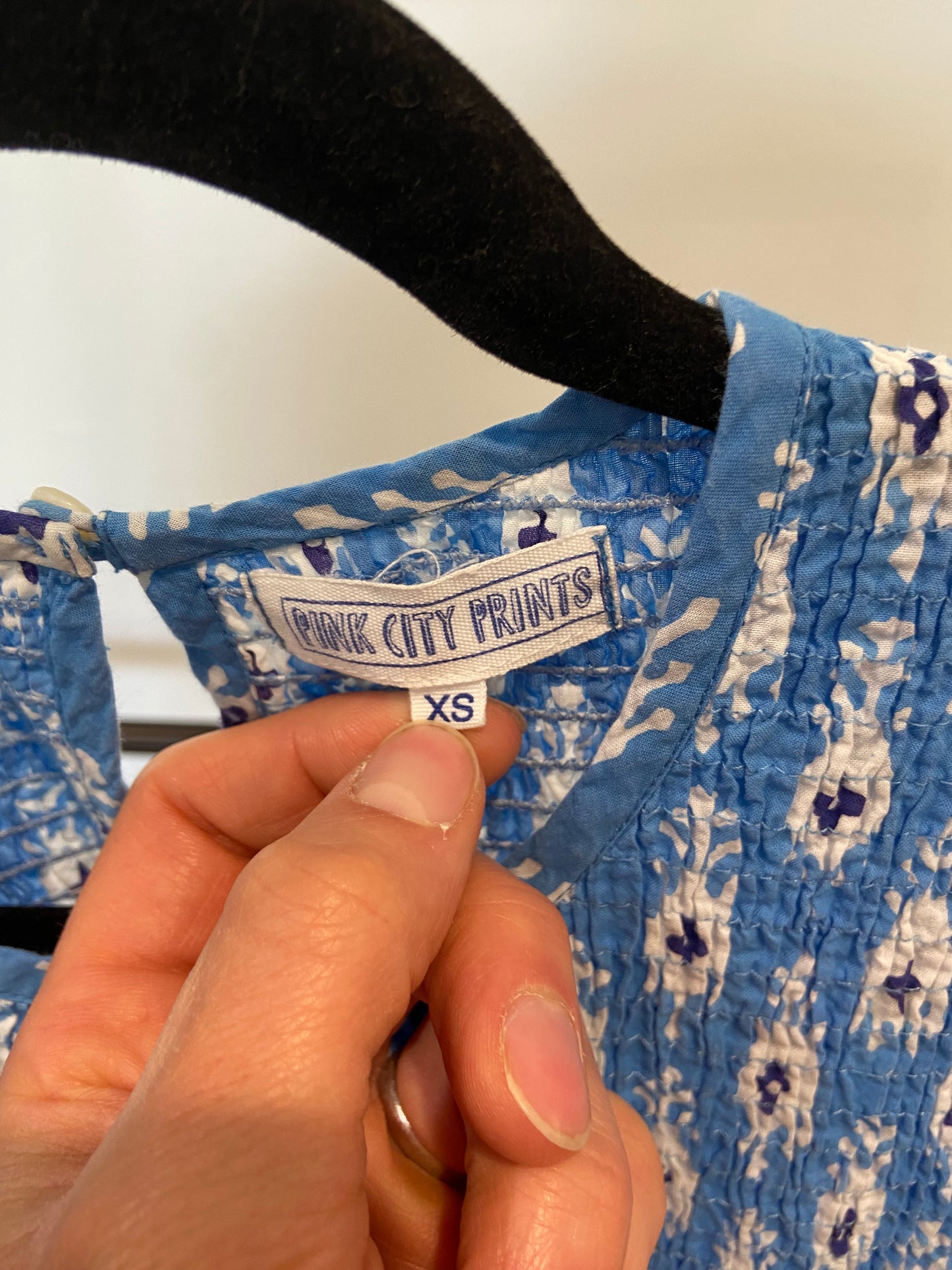 Pink City Prints Blue Diamond Print Smocked Long Sleeve Maxi Dress size XS