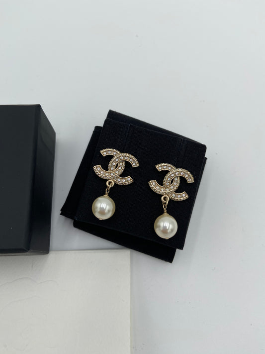 Chanel 23V Gold, Pearly White and Crystal Earrings