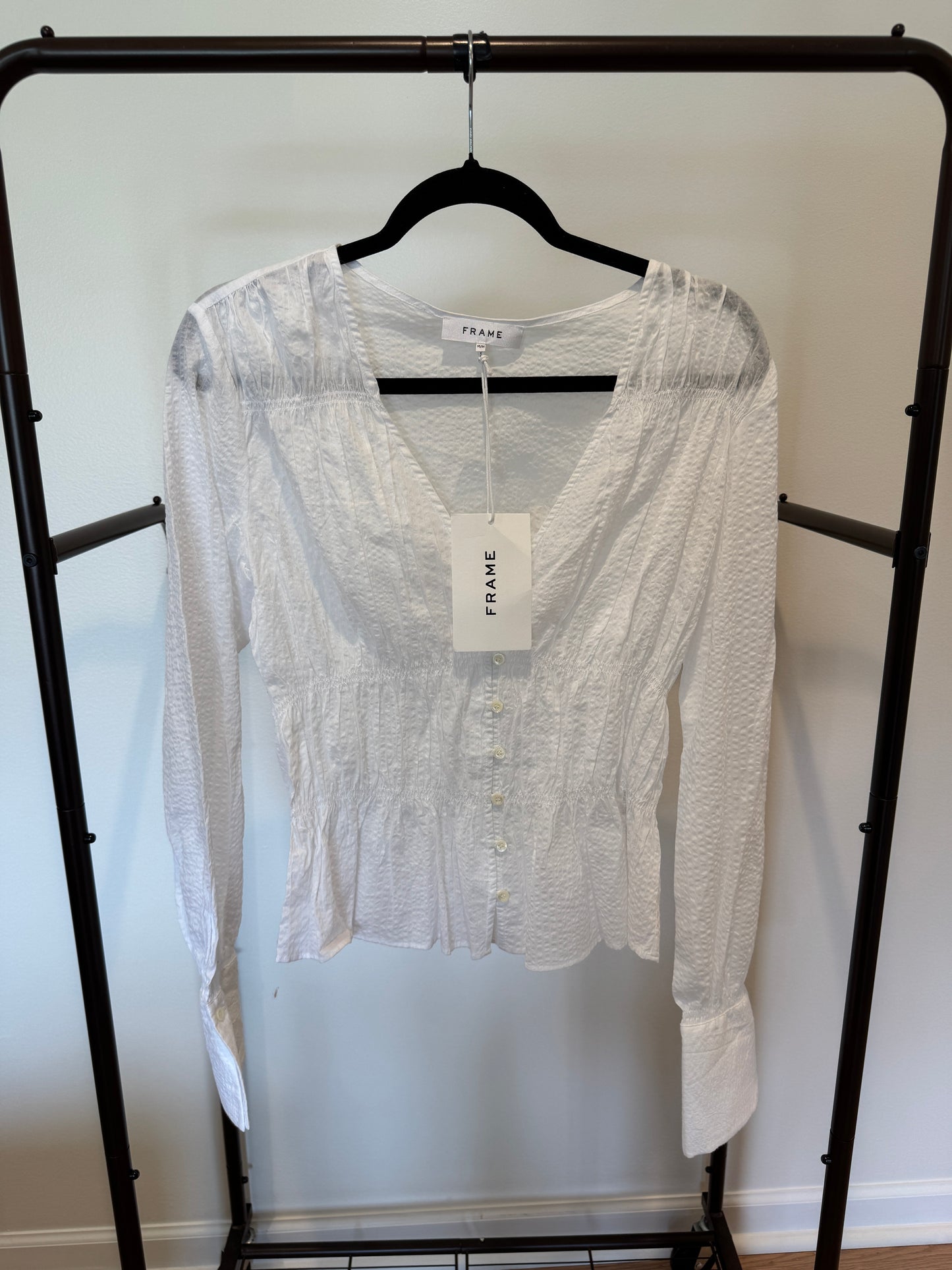 Frame White Rouched V Neck Blouse size M