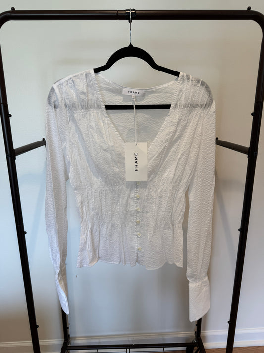 Frame White Rouched V Neck Blouse size M