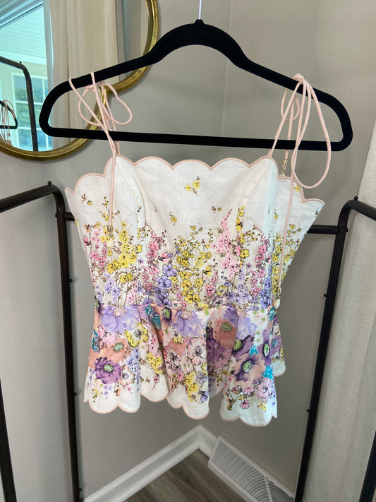 Zimmermann Scalloped Floral Linen Peplum Top size US 8