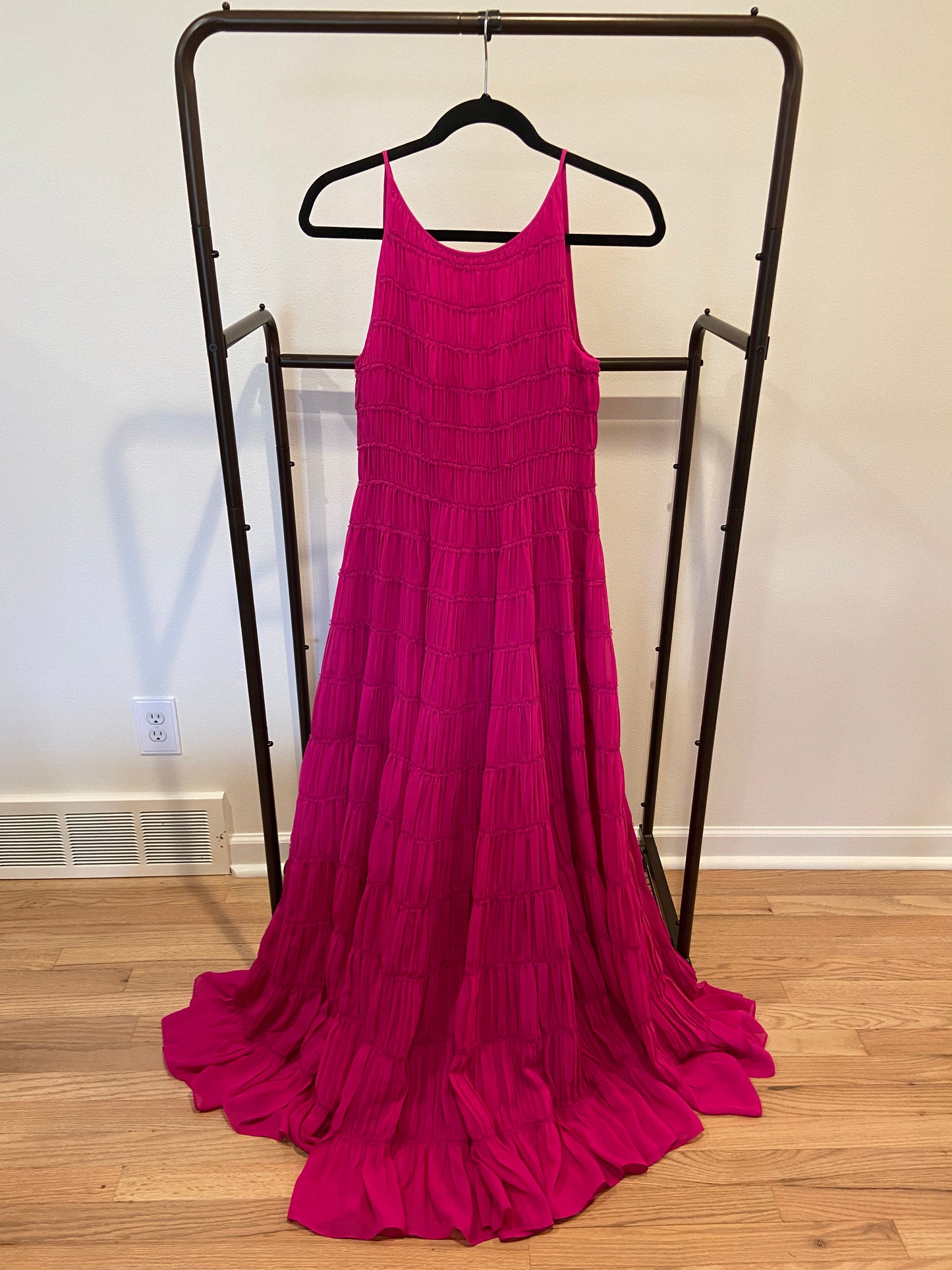 Aje Rosewood Tiered Shirred Ruffled Chiffon Gown Magenta size US 6