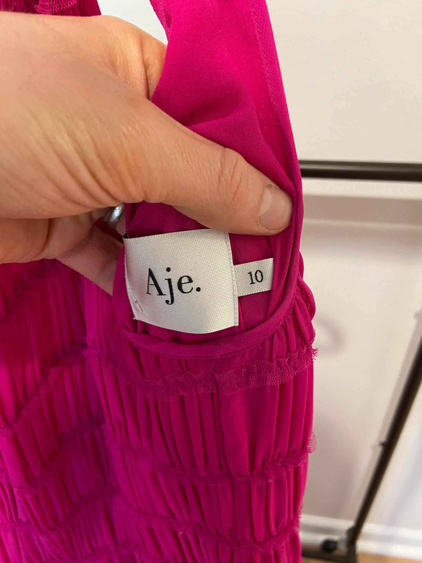 Aje Rosewood Tiered Shirred Ruffled Chiffon Gown Magenta size US 6
