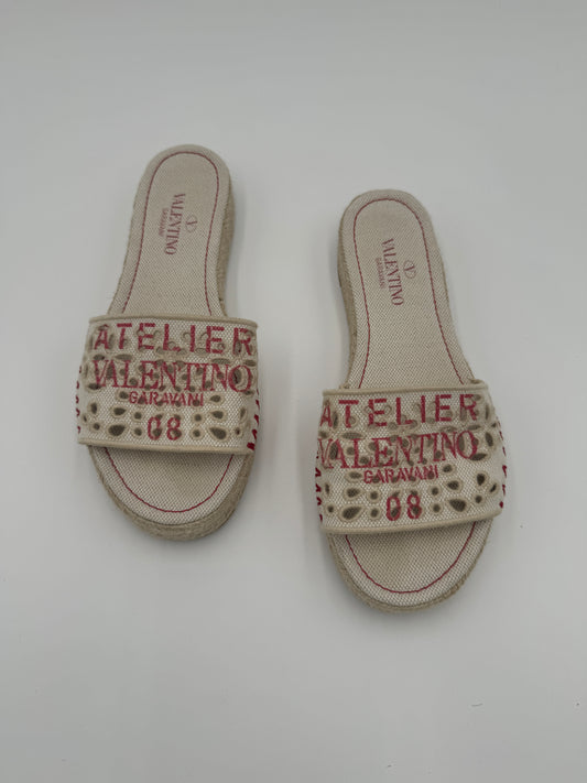VALENTINO Printed Broderie Anglaise Canvas Slides size 36