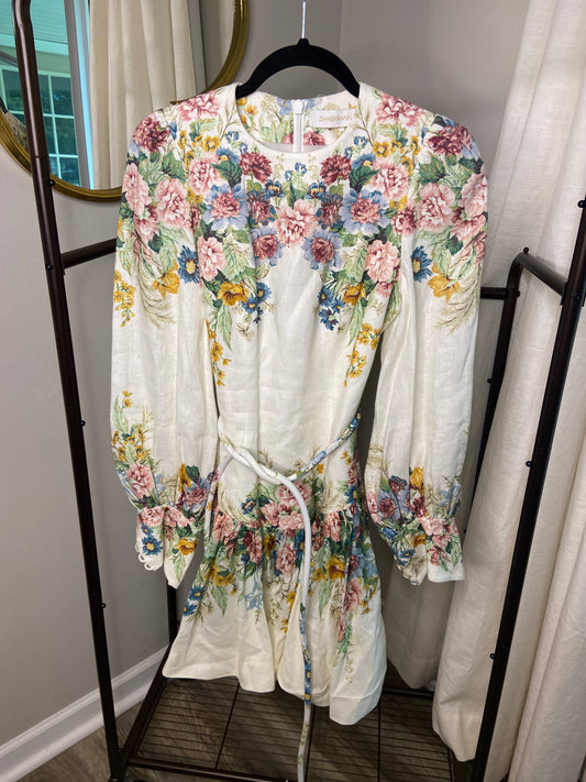 Zimmermann Wavelength Bell Sleeve Belted Mini Dress size US 6