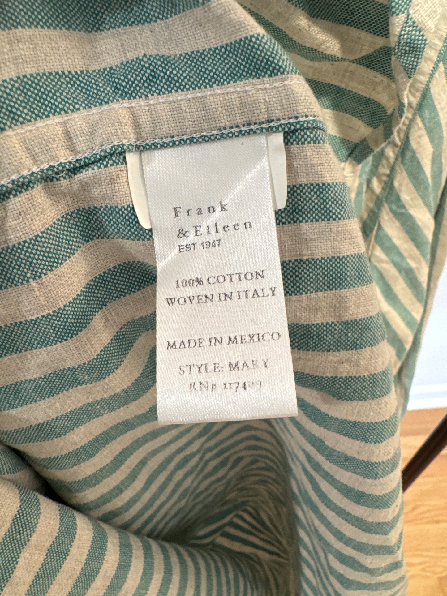 Frank & Eileen Mary Classic Shirtdress in Green/Sand Stripe size M