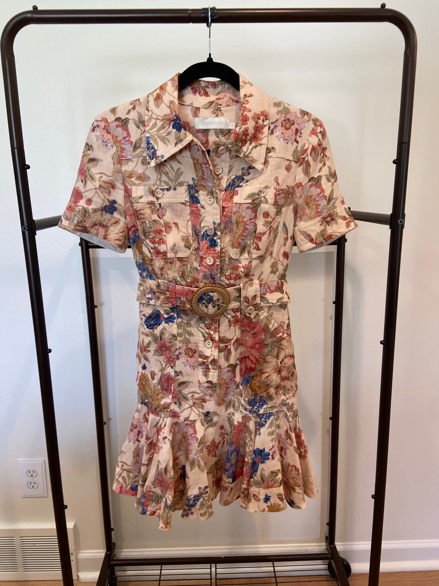 Zimmermann August Belted Ruffled Floral-Print Linen Mini Dress size 0P US 2P