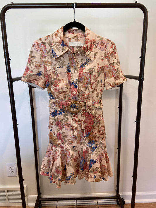 Zimmermann August Belted Ruffled Floral-Print Linen Mini Dress size 0P US 2P