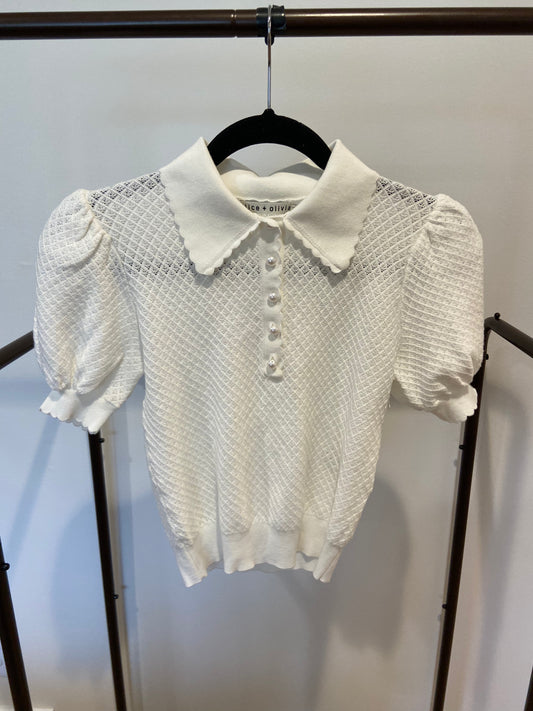 Alice and Olivia Ramona Pointelle Knit Polo Shirt size S