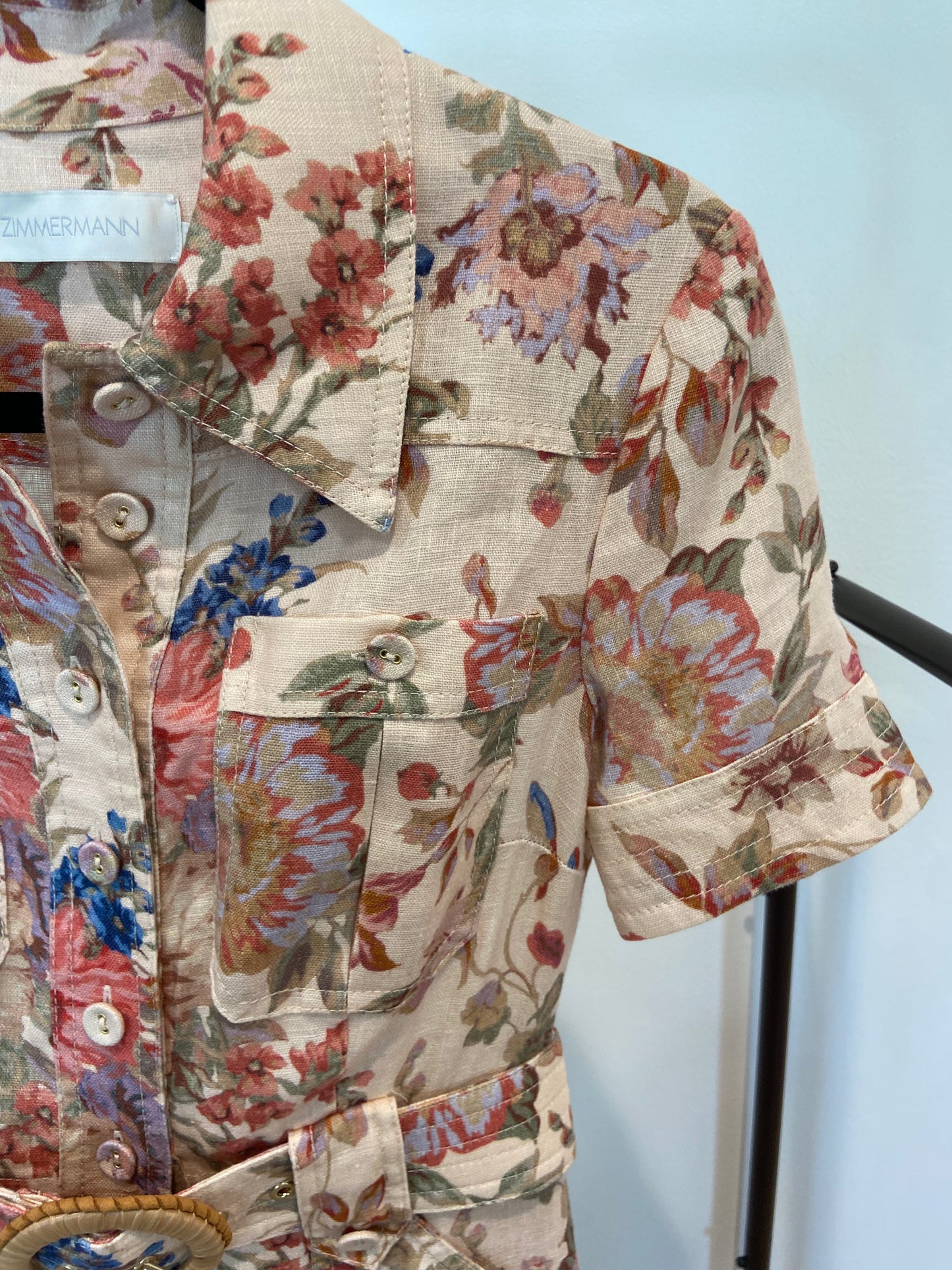 Zimmermann August Belted Ruffled Floral-Print Linen Mini Dress size 0P US 2P