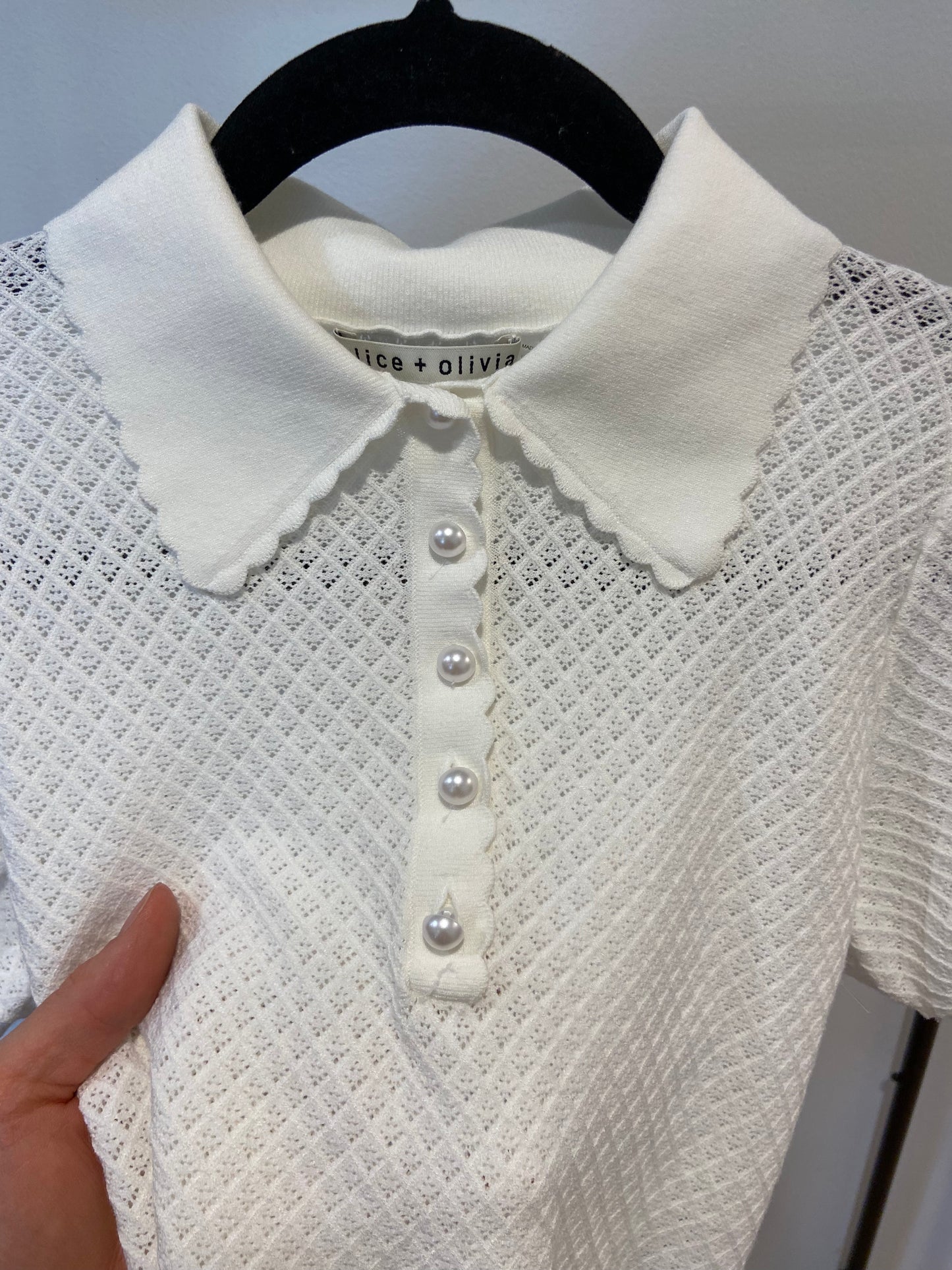Alice and Olivia Ramona Pointelle Knit Polo Shirt size S