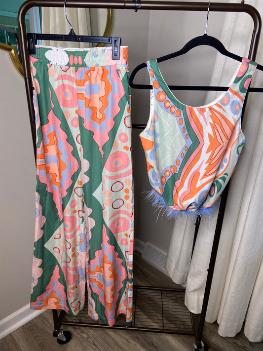 English Factory Abstract Print Feather Trim Top and Pants size S