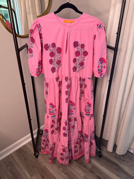 Oliphant Boca Pink Puff Sleeve Midi Dress size L