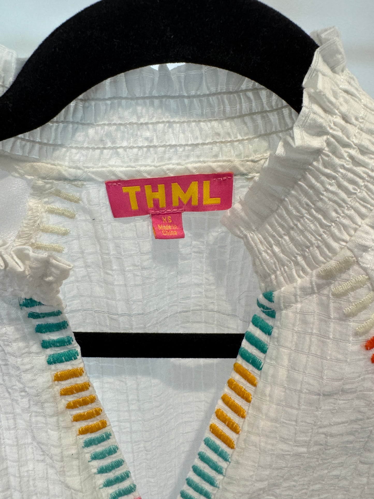THML White Seersucker Puff Sleeve Embroidered Top size XS