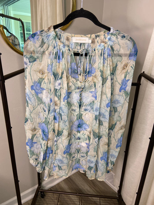 Zimmermann Rhythm Gathered Floral-Print Crepon Top size 6