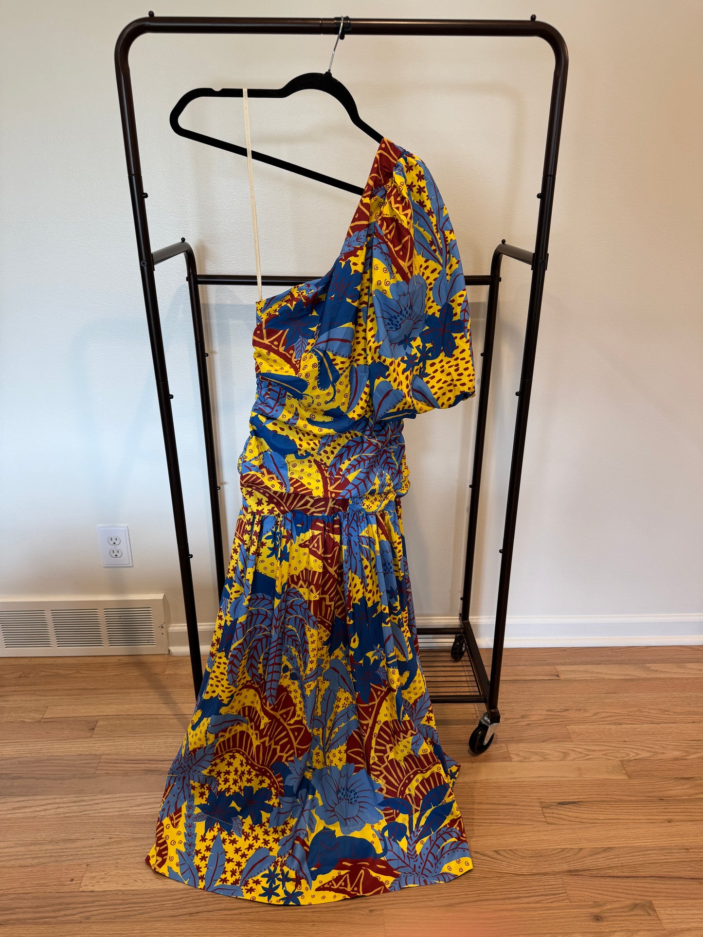 Farm Rio Yellow Jungle Panther Midi Dress One Shoulder size S