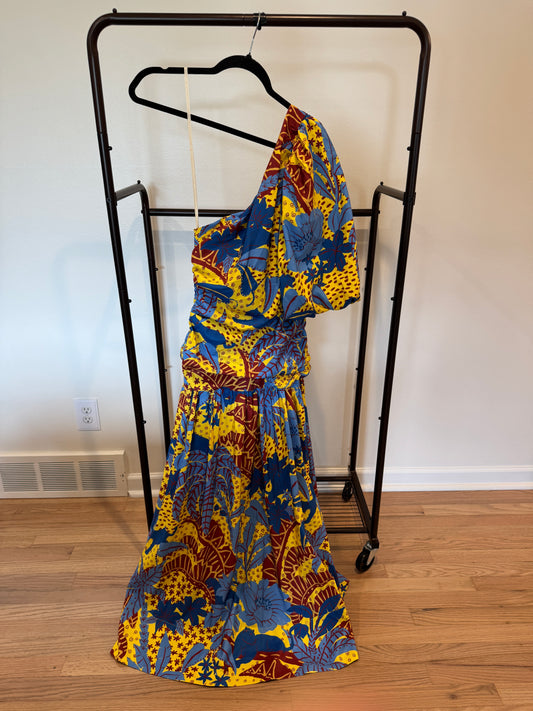Farm Rio Yellow Jungle Panther Midi Dress One Shoulder size S