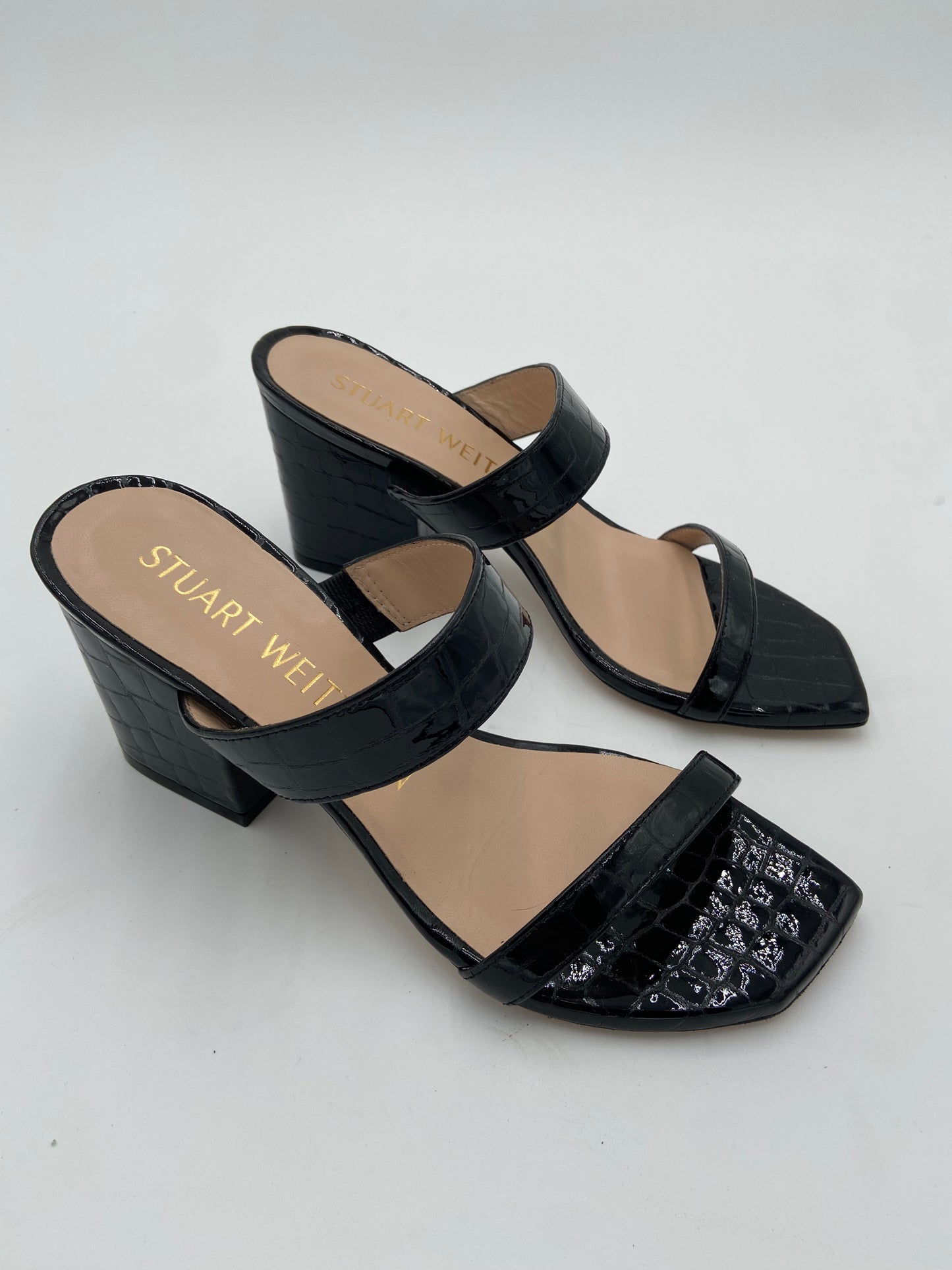 Stuart Weitzman Black Patent Croc Olive 75 Mule size 7