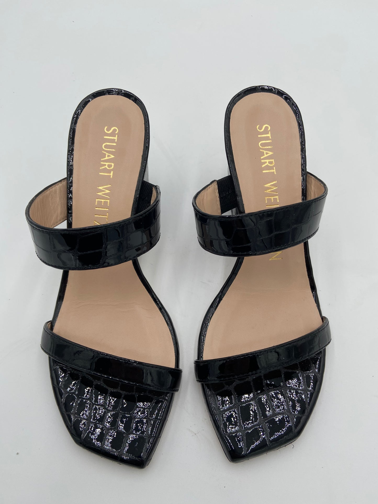 Stuart Weitzman Black Patent Croc Olive 75 Mule size 7