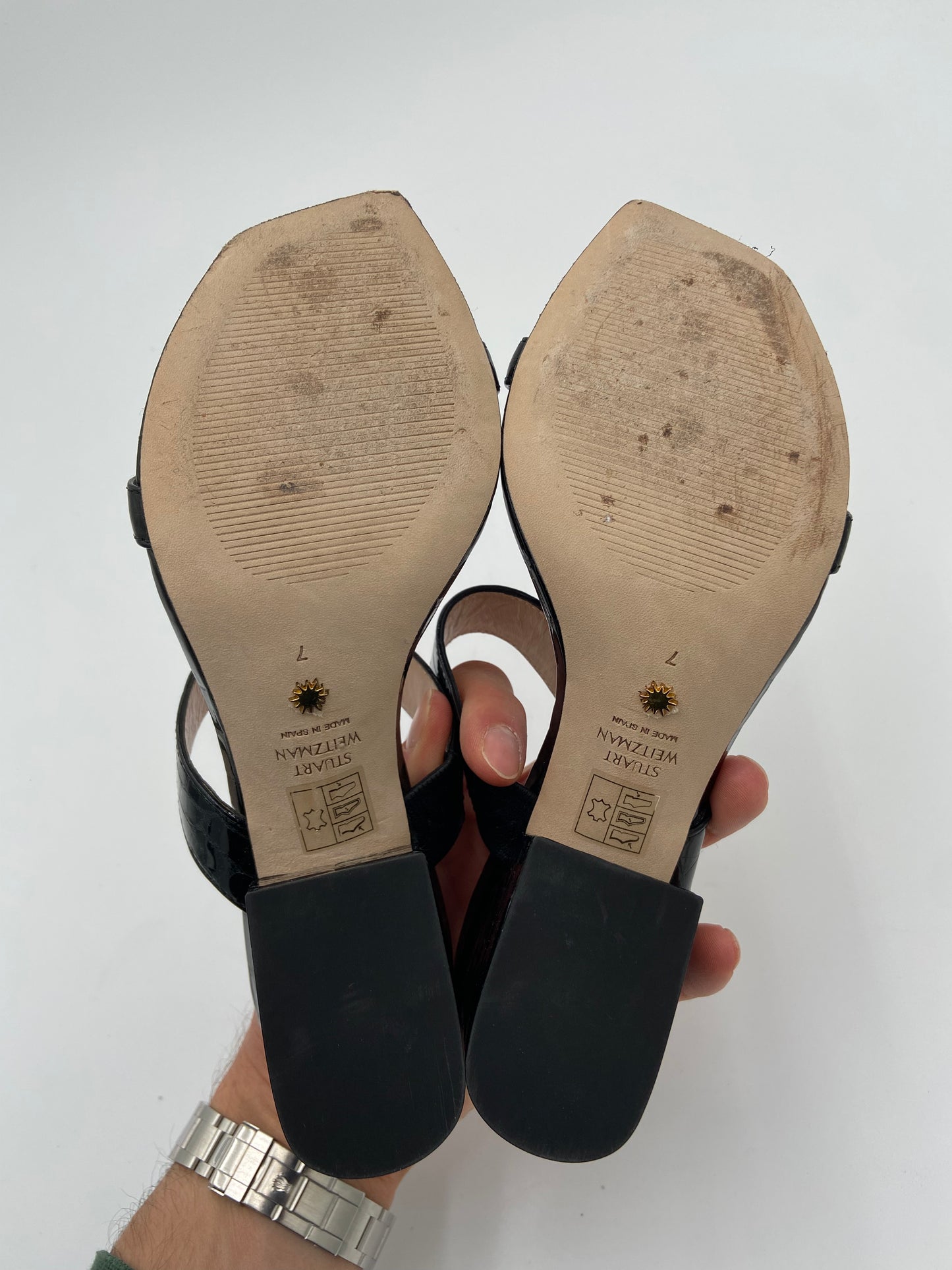Stuart Weitzman Black Patent Croc Olive 75 Mule size 7