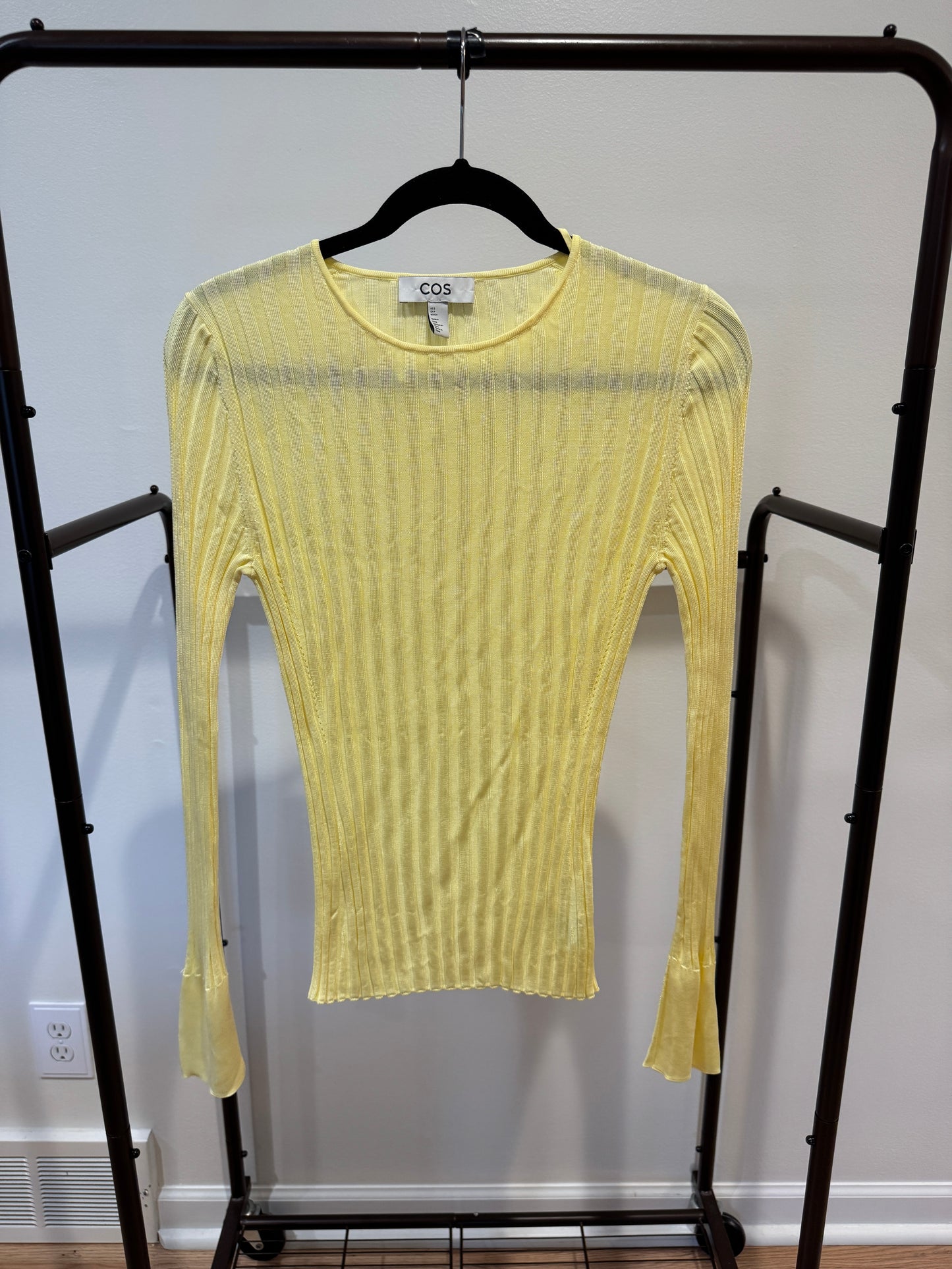 Cos Rib-Knit Crew Neck Long Sleeve Top in Yellow size S