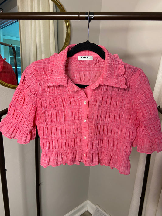 Sandro Janelle Stripe Smocked Cropped Blouse size XS