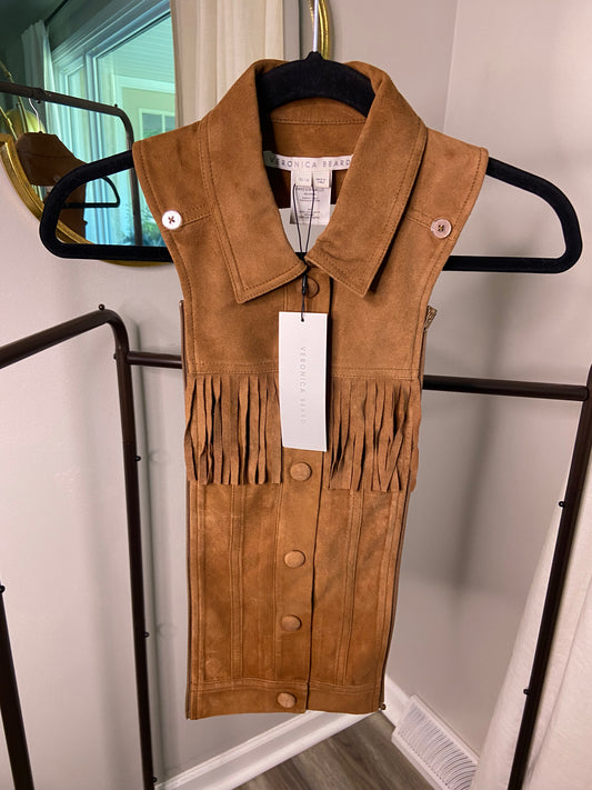 Veronica Beard Slate Suede Dickey with Fringe in Acorn size 00-14