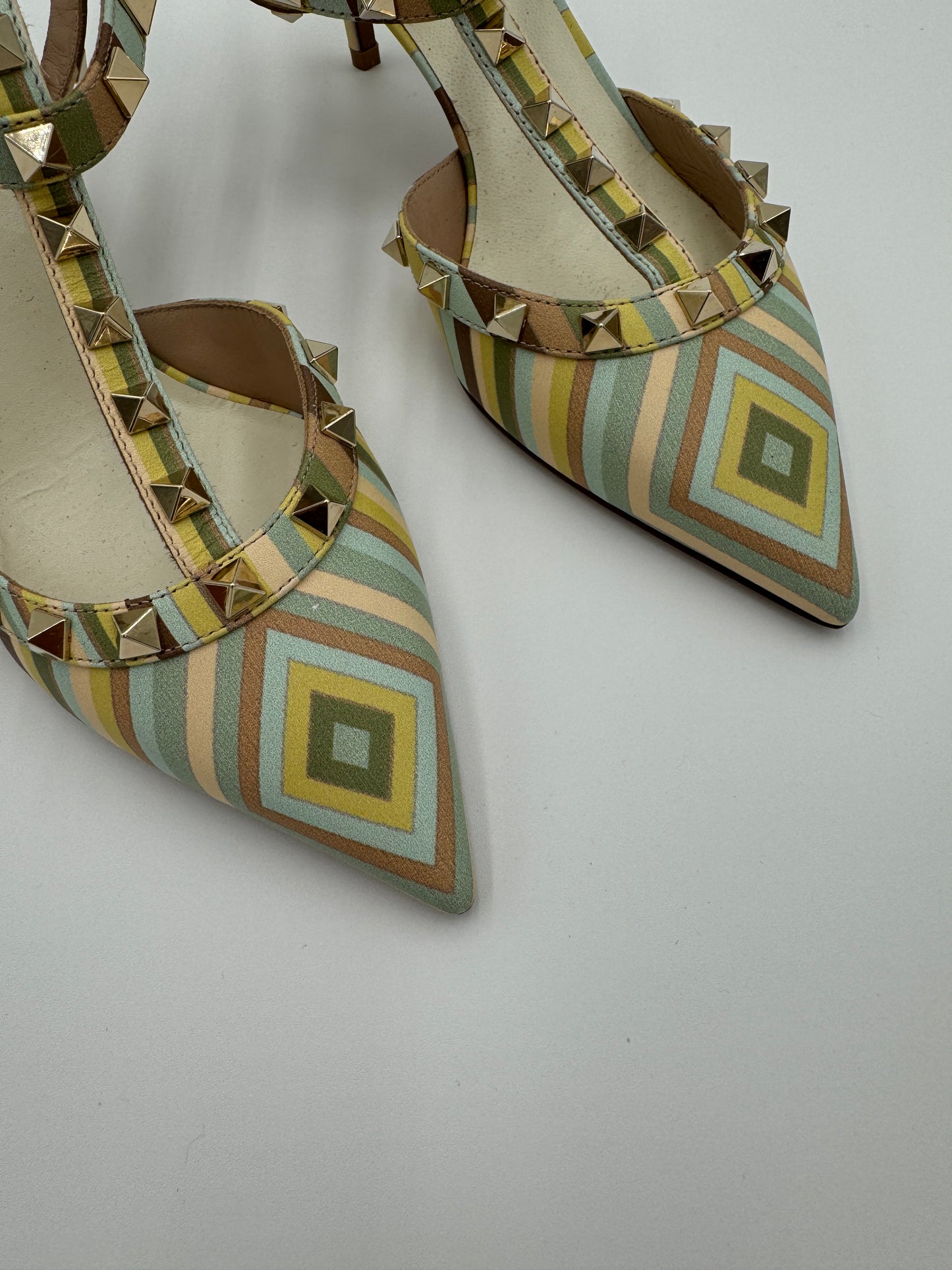 VALENTINO Nappa Native Couture 1975 Rockstud Ankle Strap Pumps size 37.5