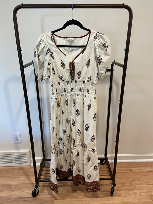 Moon River Puff Sleeve Pleated Midi Dress In Cream Multi In White size S