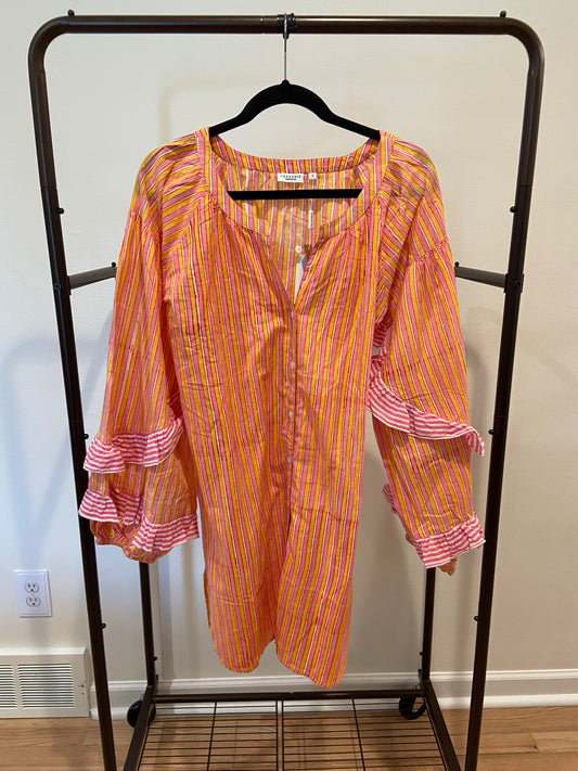 Chakeris Orange Peach Stripe Puff Sleeve Dress size S