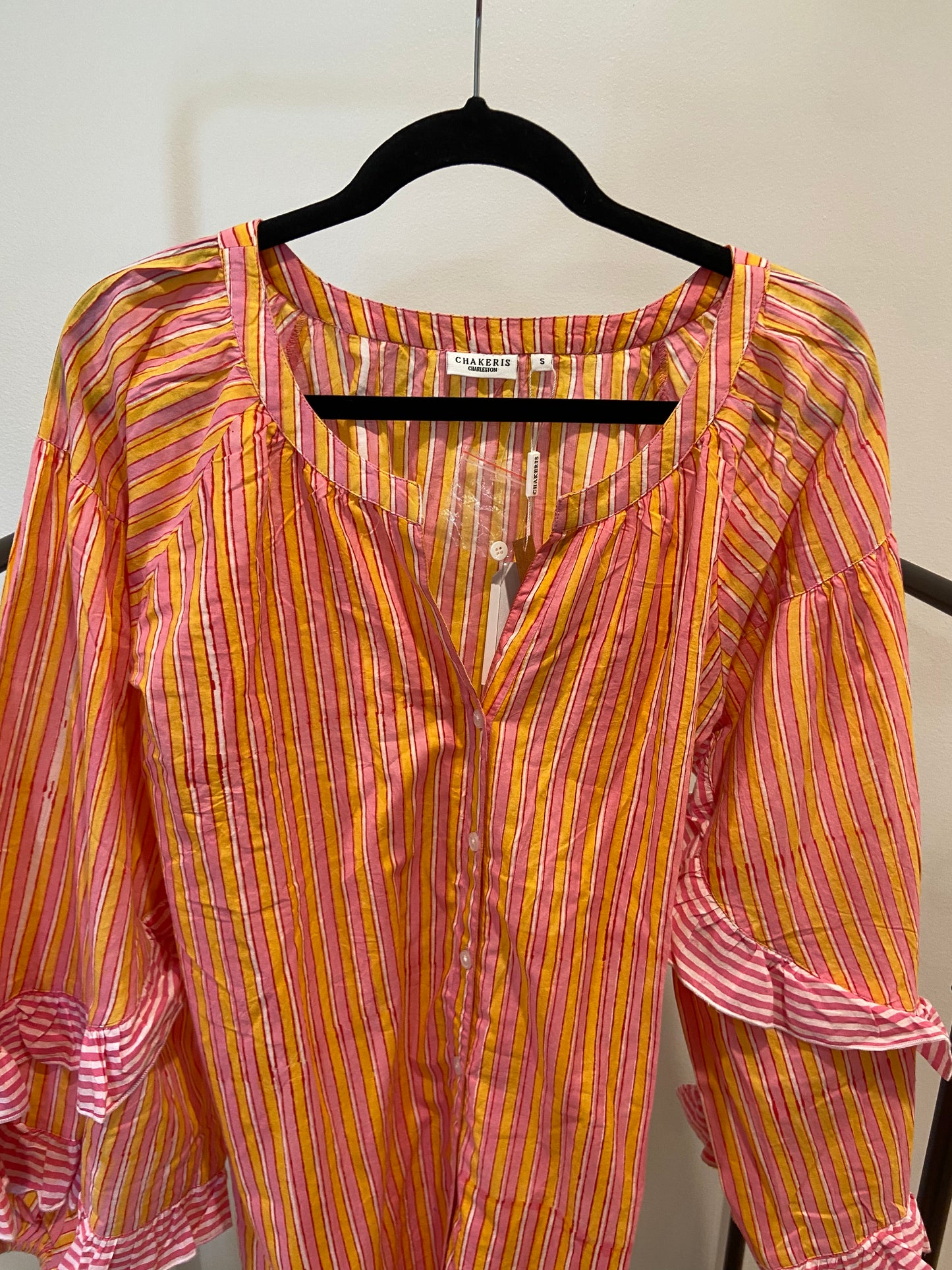 Chakeris Orange Peach Stripe Puff Sleeve Dress size S