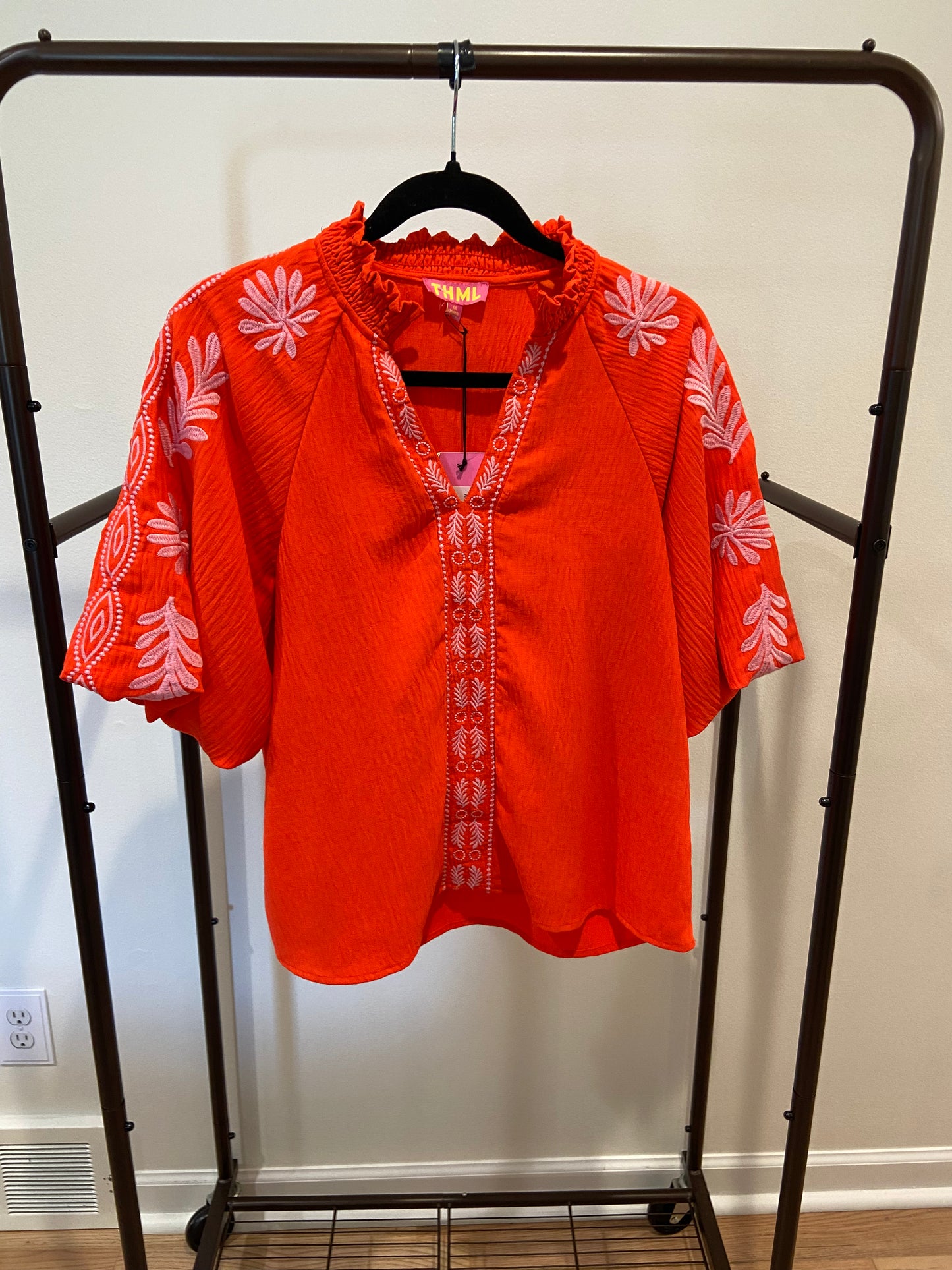 THML Embroidered Orange Puff Sleeve Top size M
