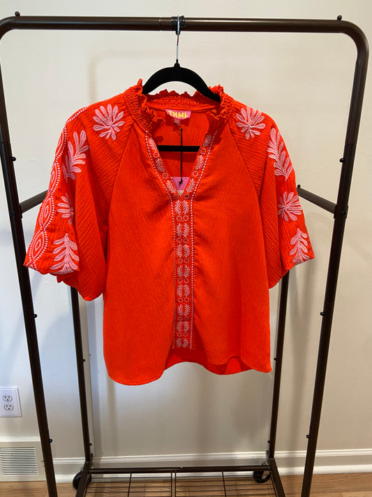 THML Embroidered Orange Puff Sleeve Top size M