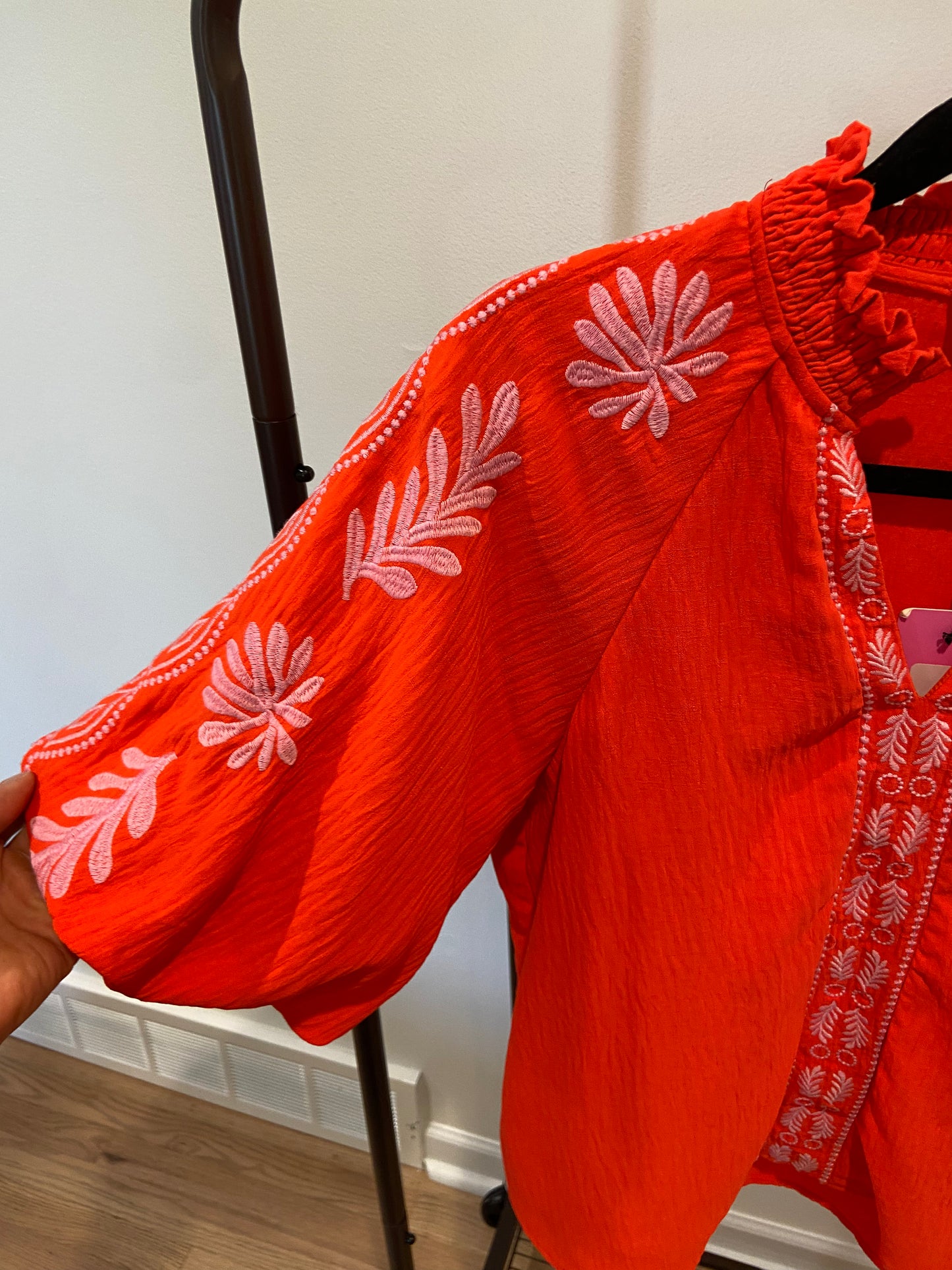 THML Embroidered Orange Puff Sleeve Top size M
