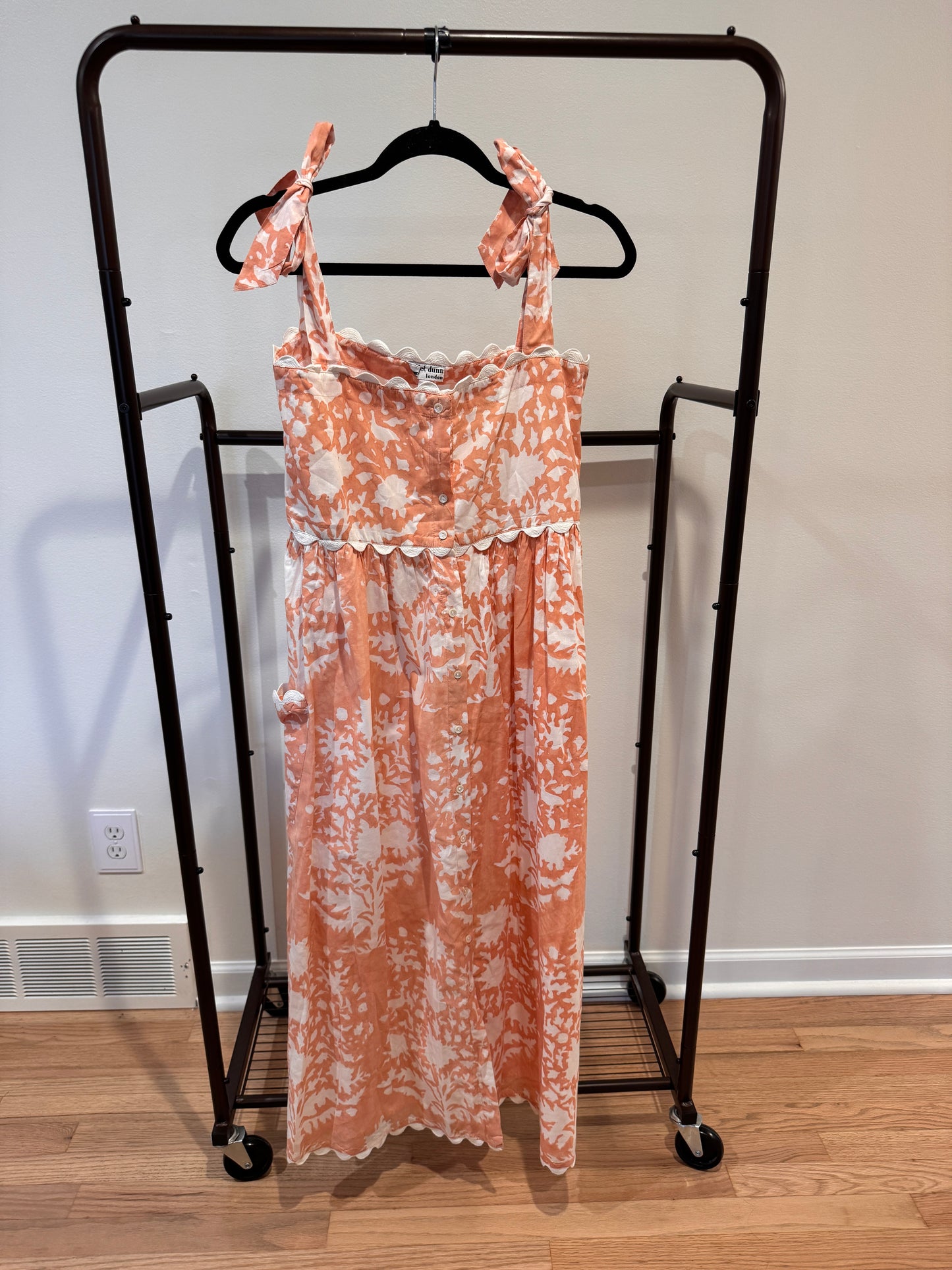 Juliet Dunn Palladio Jaipur Pink Ric Rac Trim Tie Shoulder Midi Dress size 1 US 4/6