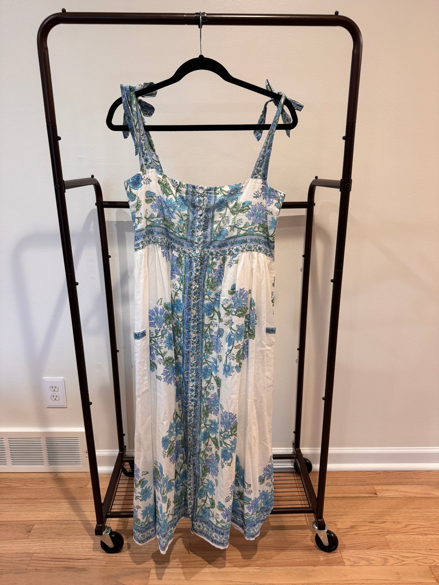 Juliet Dunn Tie Shoulder Midi Dress in Rose Border/White Klein size 1 US 4/6