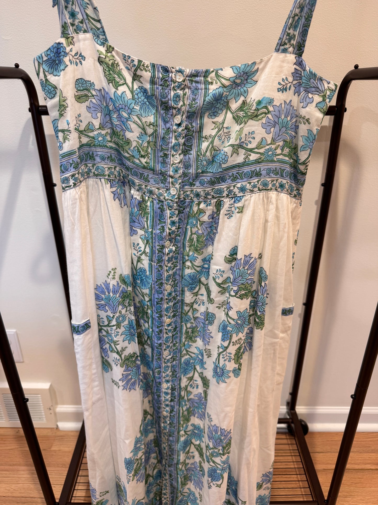 Juliet Dunn Tie Shoulder Midi Dress in Rose Border/White Klein size 1 US 4/6