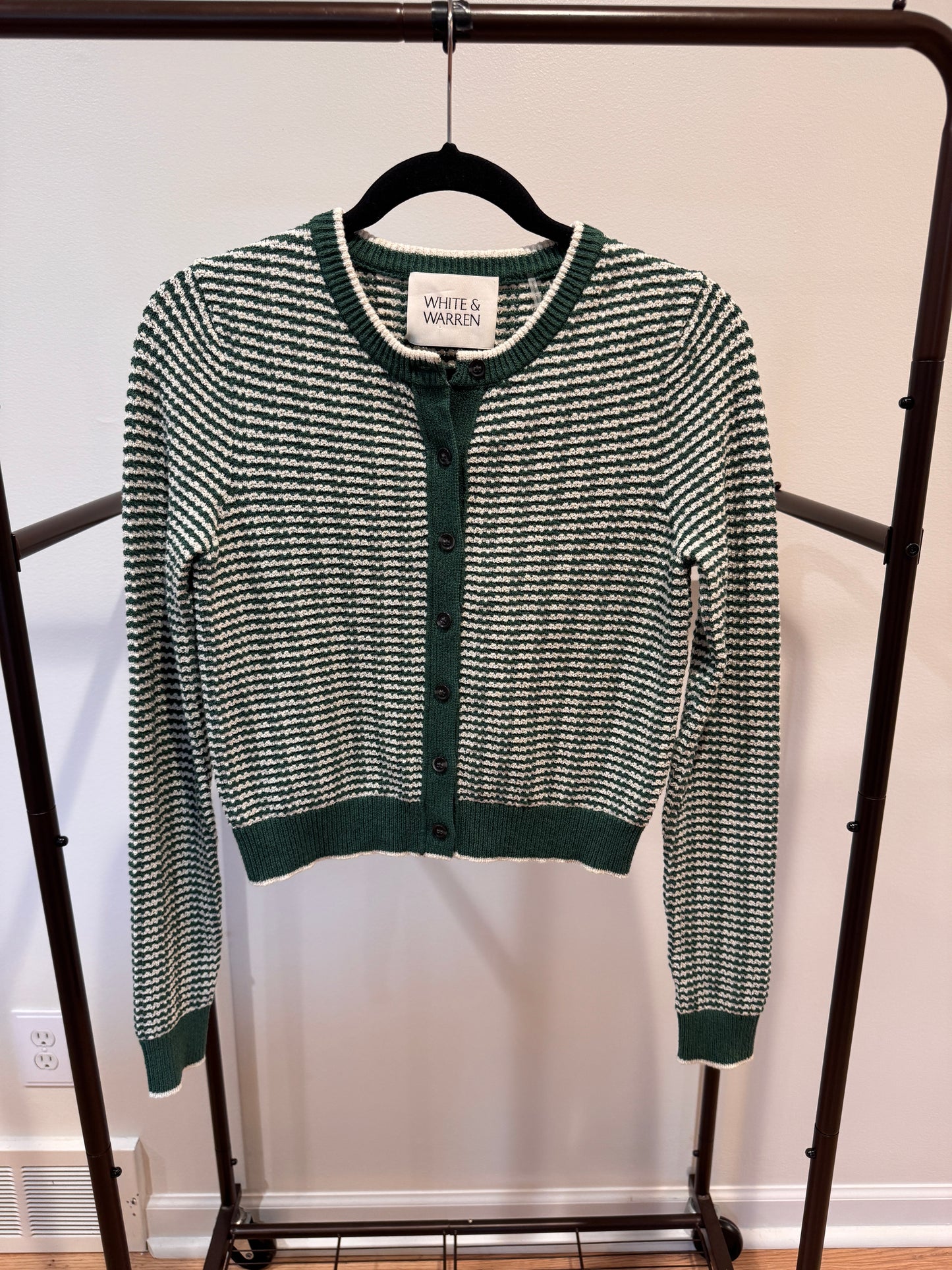 White + Warren Boucle Cardigan Ivy Green Stripe size S