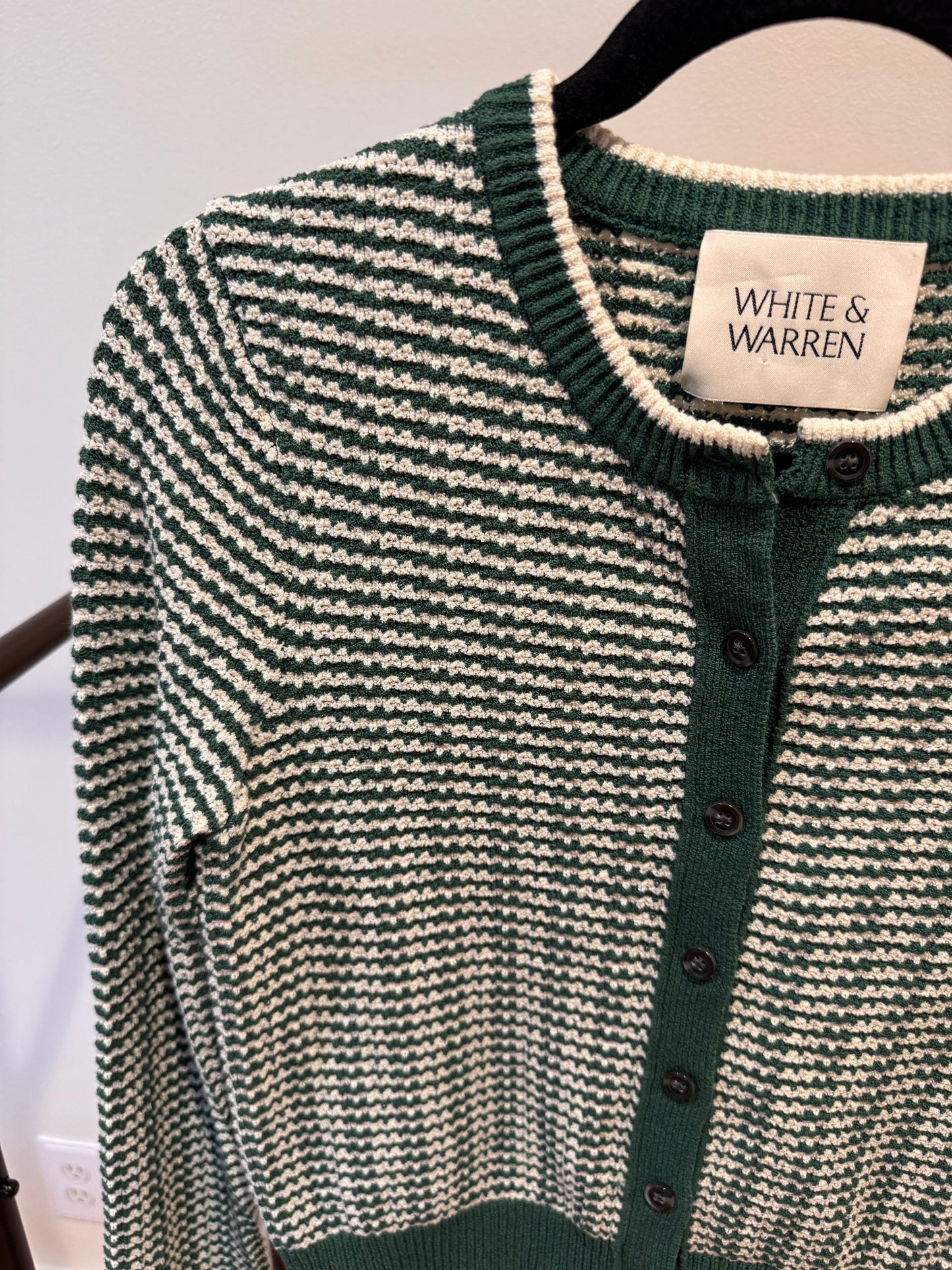 White + Warren Boucle Cardigan Ivy Green Stripe size S