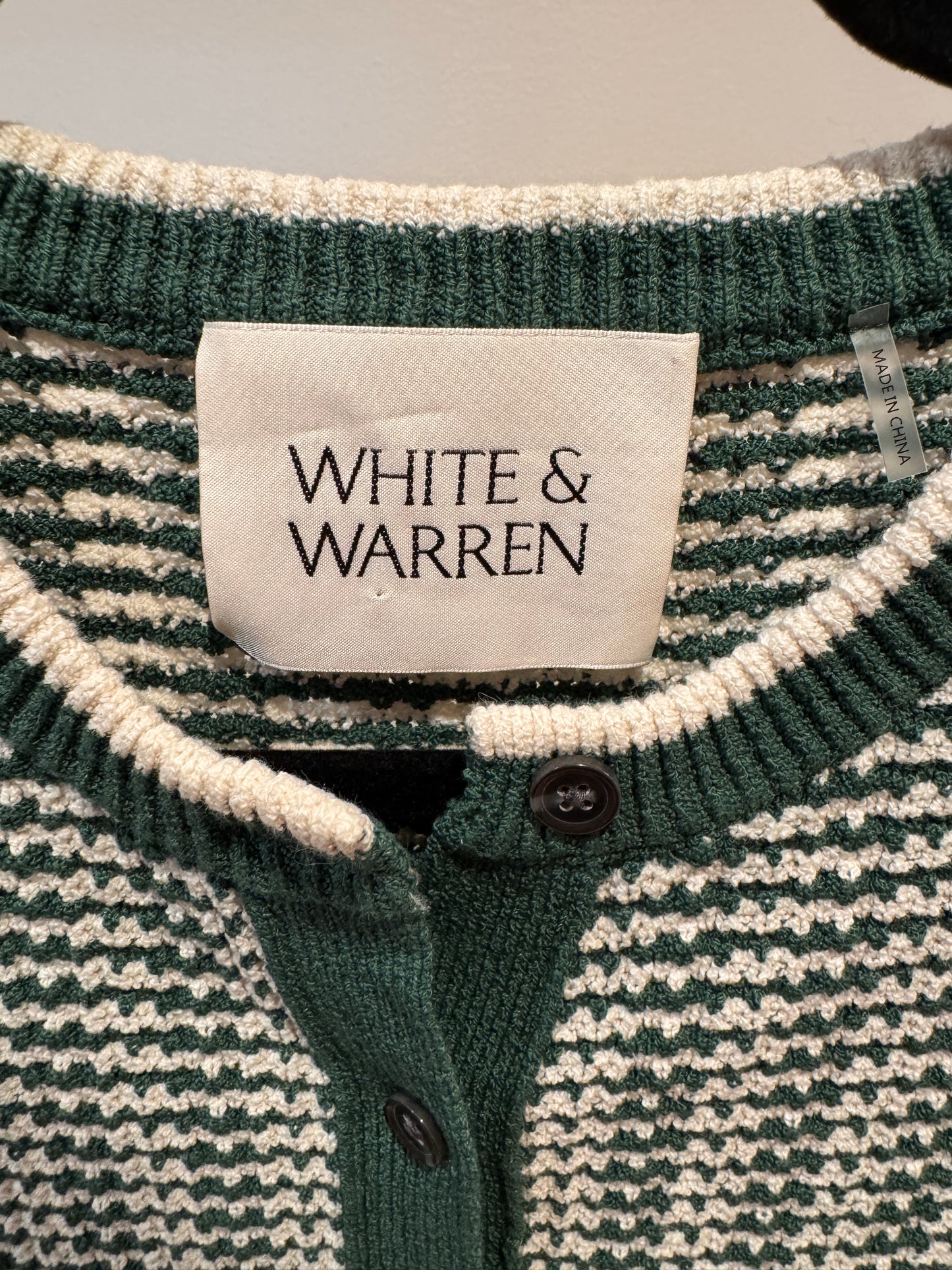 White + Warren Boucle Cardigan Ivy Green Stripe size S