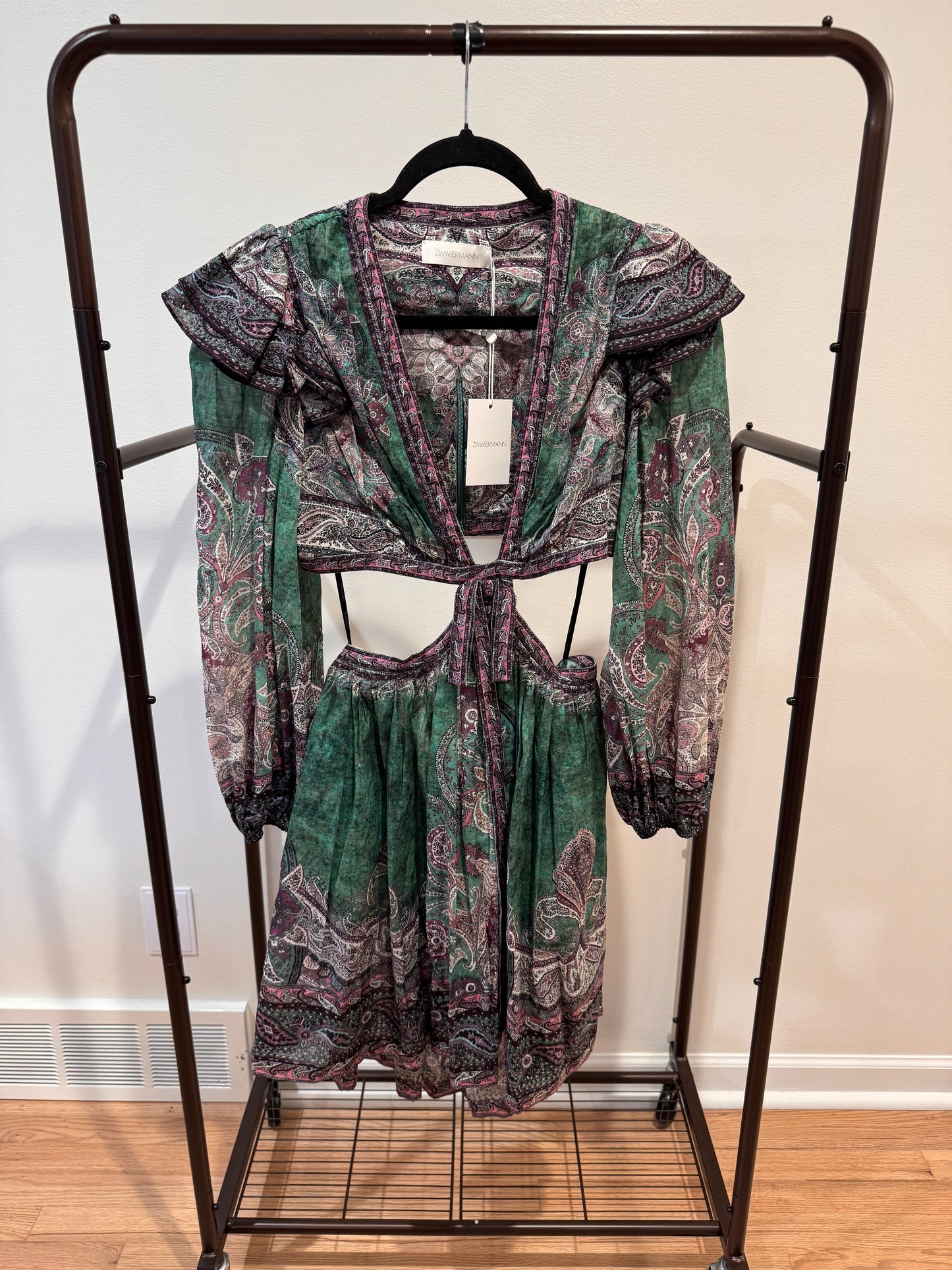 Zimmermann Anneke Ruffle Mini Dress Teal Paisley size 2 US 8