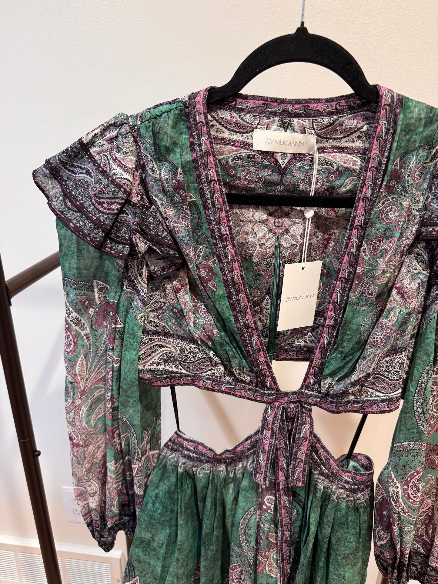 Zimmermann Anneke Ruffle Mini Dress Teal Paisley size 2 US 8