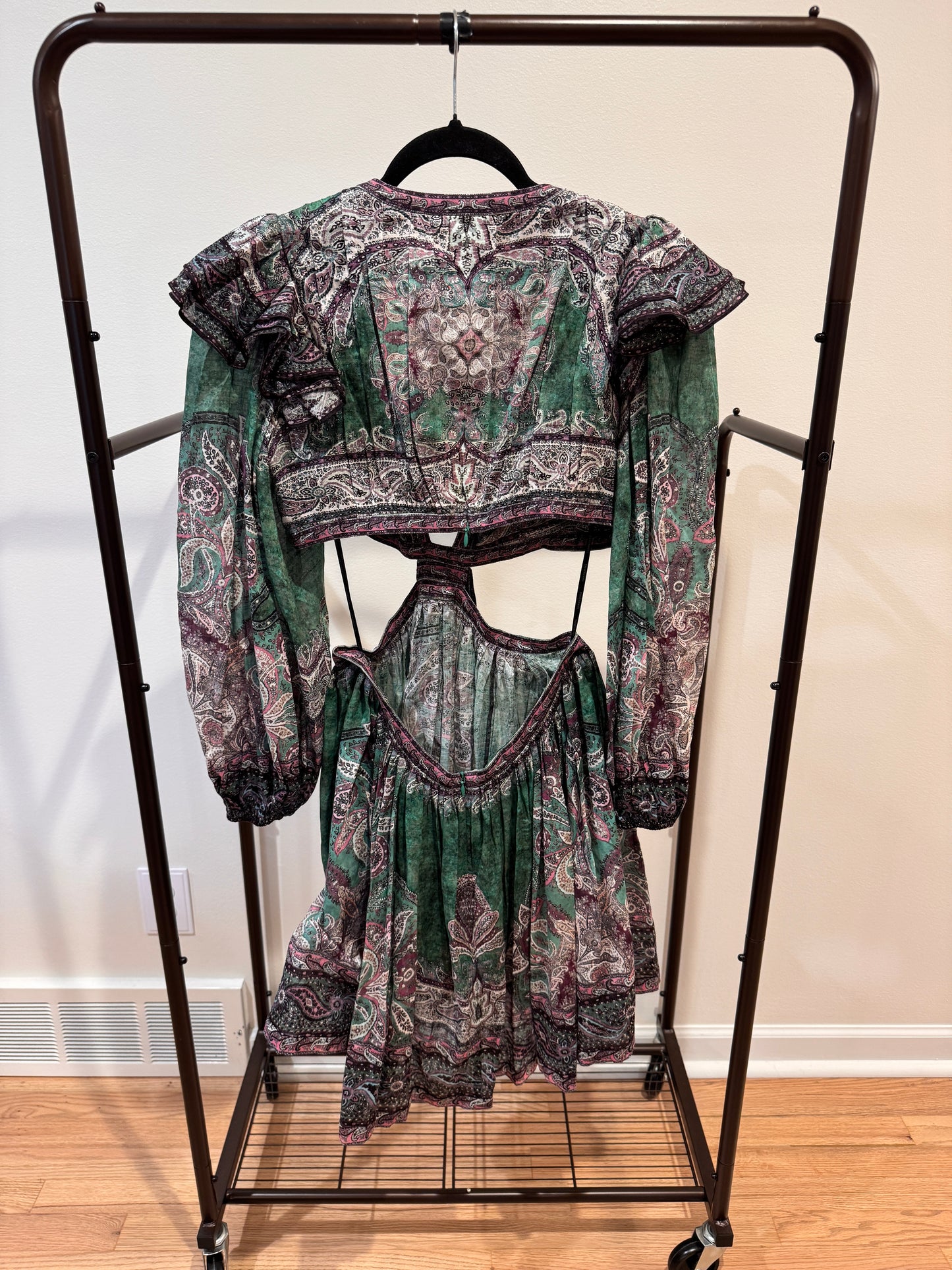 Zimmermann Anneke Ruffle Mini Dress Teal Paisley size 2 US 8