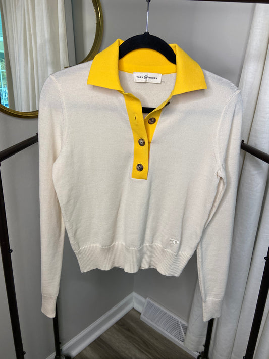 Tory Burch Contrast Collar Long Sleeve Polo Sweater size XS
