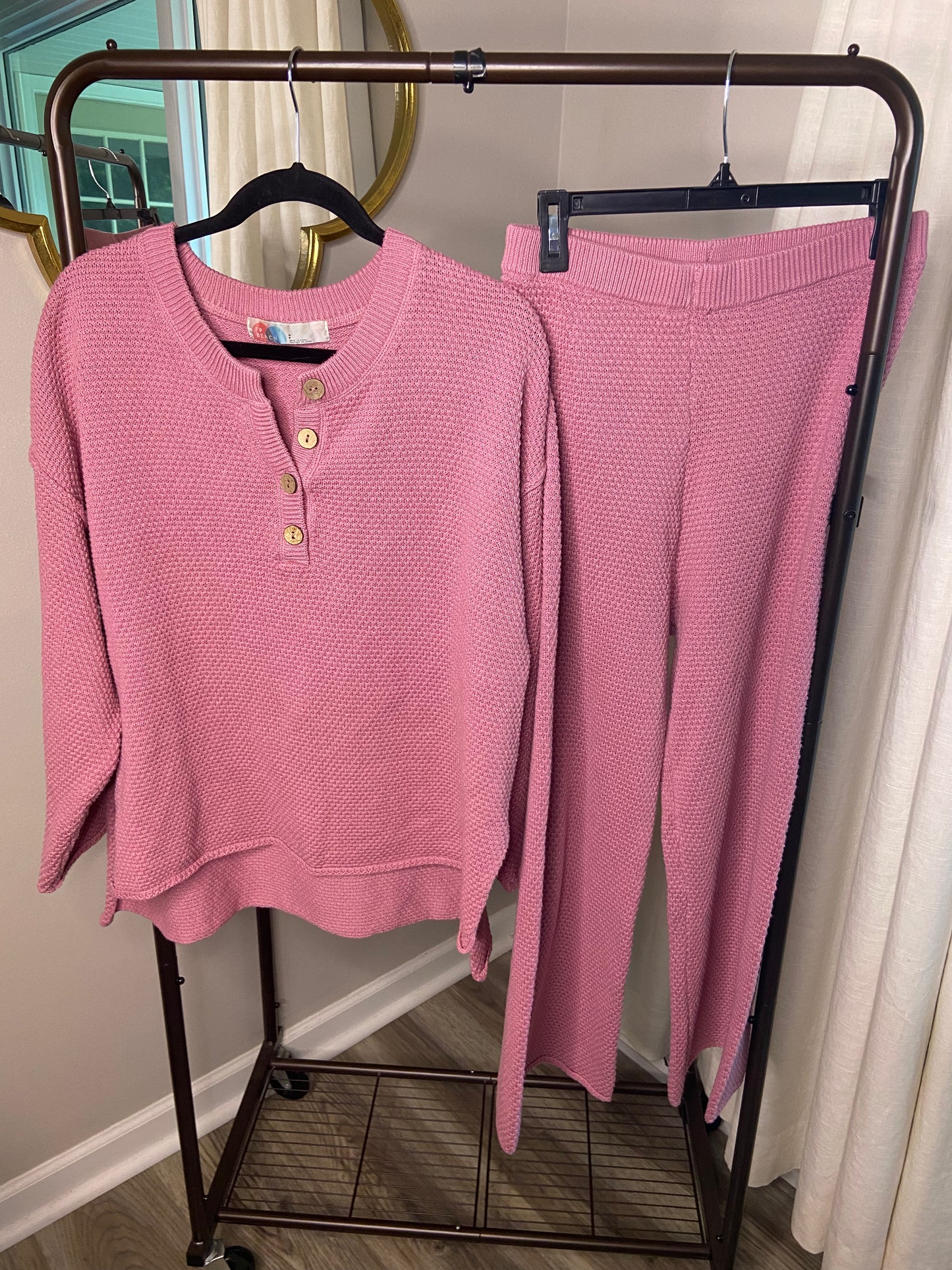 Free People Hailee Waffle Long Sleeve Top and Pants Knit Set size S